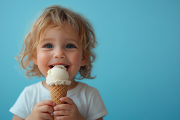 A joyful toddler with curly hair enjoys a vanilla ice cream cone, smiling brightly against a light blue background, capturing the essence of childhood delight.