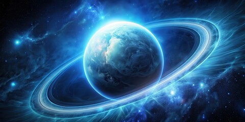 Fototapeta premium Planet with glowing blue energy ring surrounded by deep space, Planet, glowing, blue, energy, ring, deep space