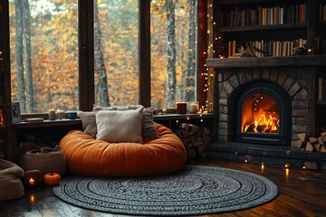 A cozy reading nook with a pumpkin pillow, warm tones, fairy lights, and a crackling fireplace, [autumn warmth], [pumpkin decor], Copy space for text, No logo, No Trademark, No text