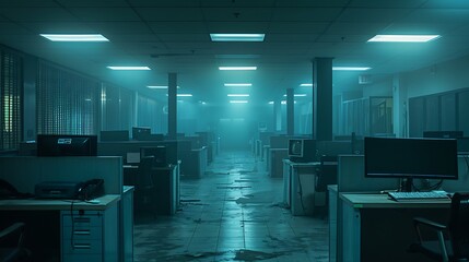 A detailed photograph of an empty office space with vacant cubicles, darkened offices, and abandoned computer monitors. The scene is illuminated by the soft, diffused light of a foggy morning,