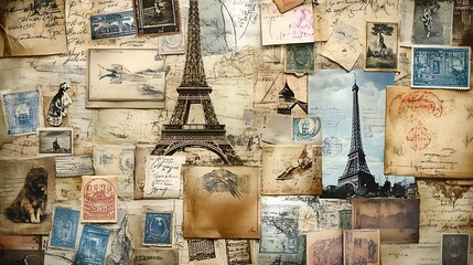 Vintage Collage of Postcards Featuring the Eiffel Tower and Other Parisian Scenes