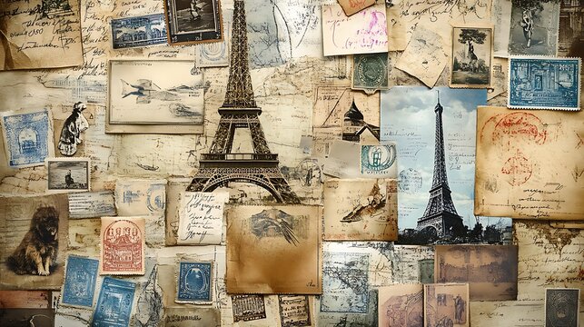 Vintage Collage of Postcards Featuring the Eiffel Tower and Other Parisian Scenes