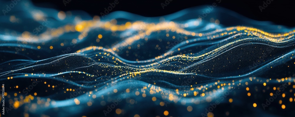 Poster abstract digital waves with glowing particles create a sense of depth and movement in a dark, atmosp