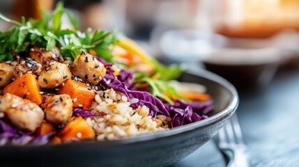 An appetizing bowl of mixed vegetables, grains, and chicken, garnished beautifully and perfect for a hearty, wholesome meal ensuring nutritional value and delightful taste.