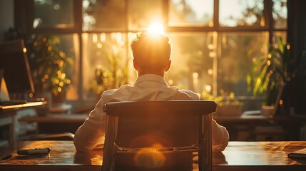 A high-definition image of a businessman sitting at an empty desk, looking stressed and...