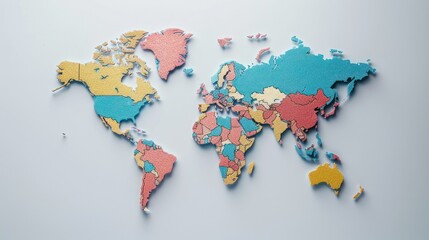 A world map with various countries highlighted in different colors