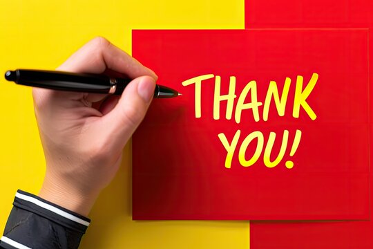 A modern hand writes a thank you note on a vibrant red background