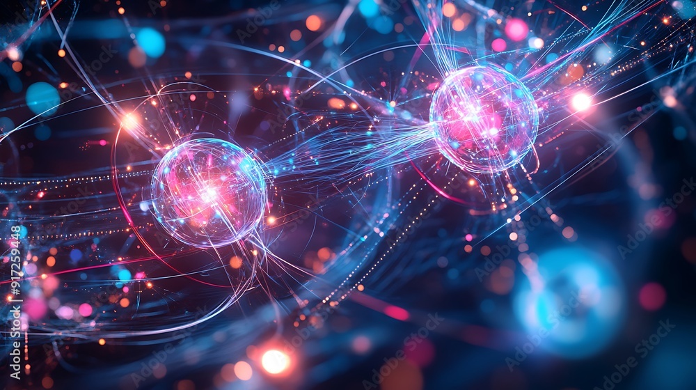 Poster two abstract spheres connected by glowing lines and particles