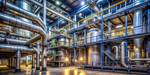 Large industrial building with numerous pipes and tanks, industrial, factory, manufacturing, structure