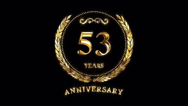 53rd Anniversary Celebration. Happy 53 Years Anniversary Animation in Gold Color on the Transparent Background, Alpha Channel. Great for greetings, celebrations, events, and gifts.