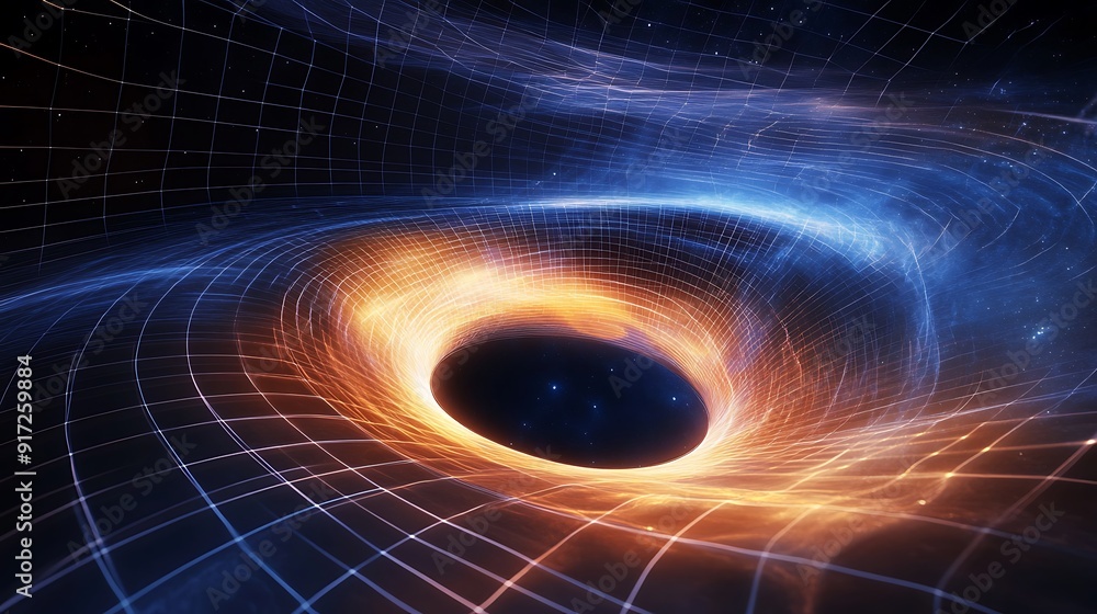Poster a black hole in a starry space with a grid-like structure