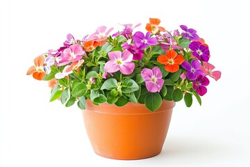 Fototapeta premium Colorful vinca flowers in the pot isolated on a white background