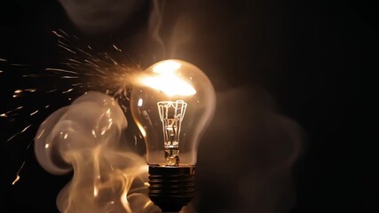 A light bulb is lit up and has a small flame coming out of it. Concept of danger and destruction, as the light bulb is on fire