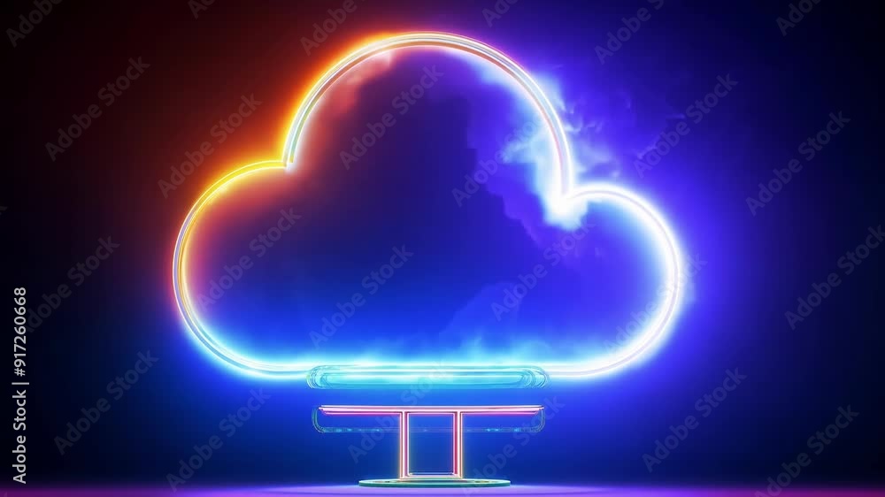 Poster a dynamic 3d cycle with a glowing neon ring and a rotating illuminated thunder cloud surrounded by v