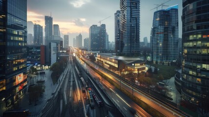 Cityscape at Dusk with Train Tracks