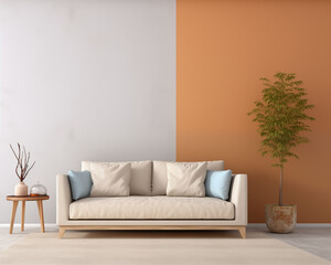 Fototapeta premium Beige Sofa with Blue Pillows in Modern Living Room Interior