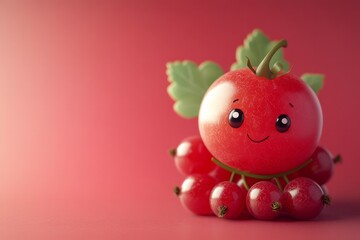 Smiling red currant with face, 3d cartoon character on a red background. Copy space for text. Concept: animated berry, cute character, healthy food