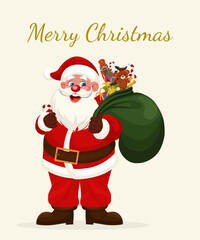 Christmas Santa Claus Cartoon Character. Santa for winter and new year holidays. Hand drawn vector Merry Christmas illustration greeting card