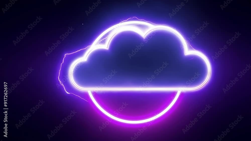 Poster a looped 3d animation of a glowing neon ring and a spinning illuminated thunder cloud creating a mes