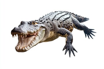 Crocodile swimming and showing teeth isolated on a white background