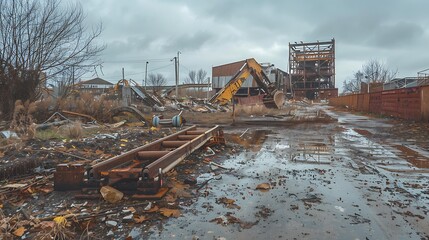 Fototapeta premium A photograph of an abandoned construction site with an unfinished building, rusty equipment, and scattered debris. The scene is set during a cloudy day with diffused lighting,