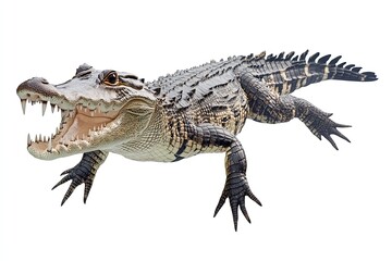 Fototapeta premium Crocodile swimming and showing teeth isolated on a white background