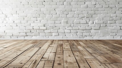 Fototapeta premium Interior decor: wood floor and white brick wall backdrop