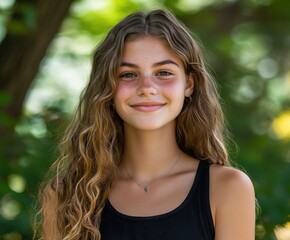 Naklejka premium Young girl smiling outdoors in natural light during summer