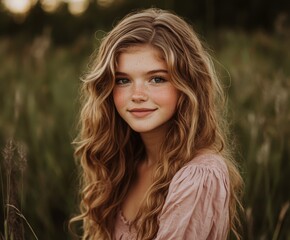 Naklejka premium Young girl with wavy hair in a field during golden hour
