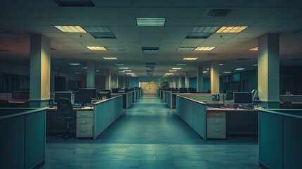A photograph of an empty office space with vacant cubicles, dark offices, and abandoned workstations. The scene is set during a cloudy day with diffused lighting,