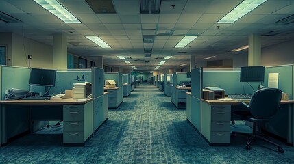 A photograph of an empty office space with vacant cubicles, dark offices, and abandoned workstations. The scene is set during a cloudy day with diffused lighting,