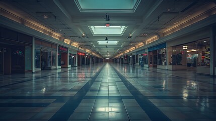 A photograph of an empty shopping mall with deserted corridors and closed shops, dim lighting casting long shadows. The scene is set during a cloudy day, creating a somber and abandoned atmosphere.