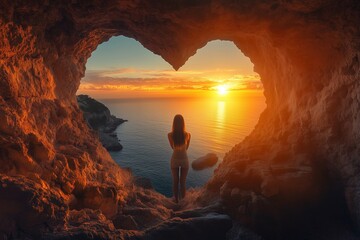 Girl in a heart-shaped cave to a beautiful sunrise