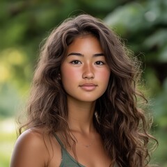Fototapeta premium Young woman with curly hair outdoors during the day