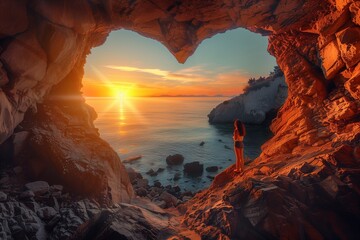 Girl in a heart-shaped cave to a beautiful sunrise
