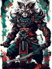 Fototapeta premium A fierce anthropomorphic lion warrior adorned with tribal armor and accessories.