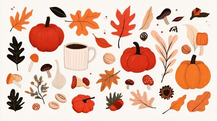 Autumn-inspired retro Art Deco design with pumpkins and leaves