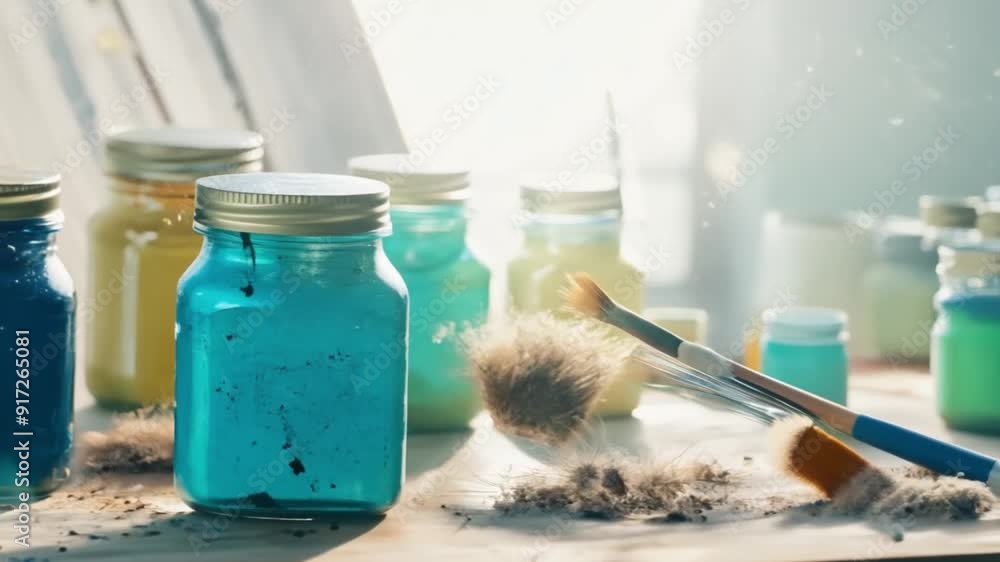 Poster a table with many jars of paint and a brush. the jars are of different colors and sizes