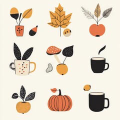 Retro Art Deco autumn motifs featuring nature-inspired elements
