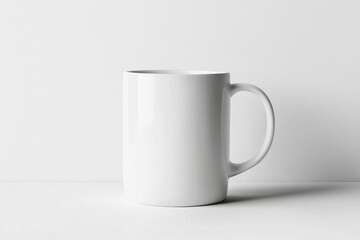 Obraz premium White mug mockup,tall white coffee cup with handle,on grey background.Mock up template for design print and logo presentation.