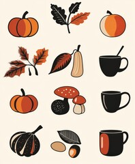 Retro Art Deco autumn motifs featuring pumpkins, leaves, and cozy mugs