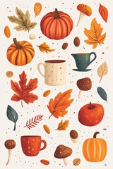 Autumn motifs in retro Art Deco style featuring pumpkins and leaves