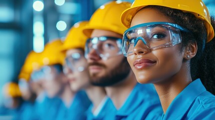 Diverse group of industrial workers with safety gear, smiling confidently in a factory setting. Team spirit and professional work ethic.