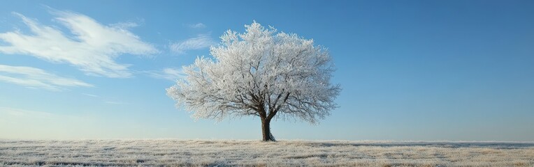 Frost-covered tree standing alone in winter landscape