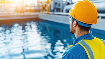 Engineer with hard hat and safety vest inspecting water treatment plant during sunny day, ensuring proper operation and safety compliance.
