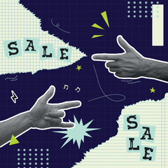 Ripped paper of Sale and discounts.Trendy Collage Illustration with halftone hands and torn notebook paper elements.Set of elements with Marketing elements.Promotional and advertising background