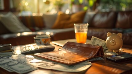 A wide-angle view of an open wallet with no cash, placed on a coffee table surrounded by overdue bills and an empty piggy bank. The scene is bathed in the soft light of early evening,