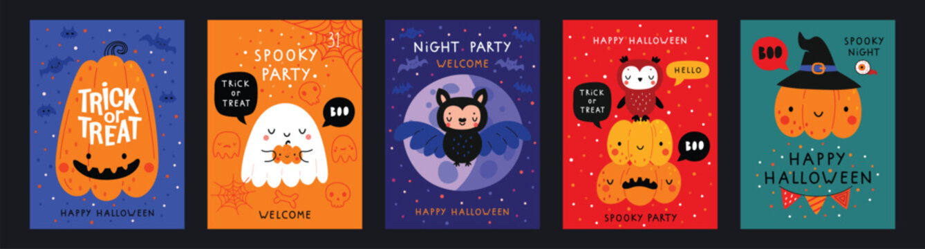 Halloween hand drawn invitation or greeting Cards set. Graphic elements - pumpkins, ghosts, zombie, candy and others. Vector illustration.