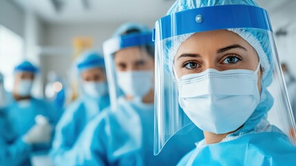 Group of healthcare professionals in protective gear and facial masks, standing in a hospital, focusing on a confident female doctor in the foreground.