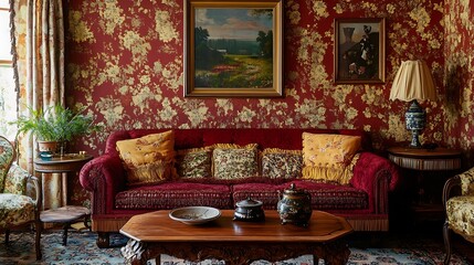 Red Velvet Sofa in a Room with Ornate Decor and Paintings